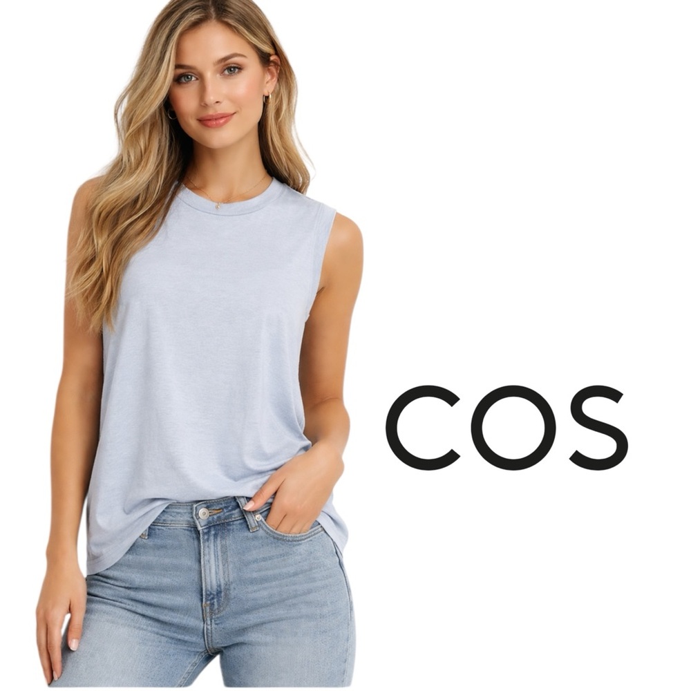 COS Minimal Scandi Oversized Sleeveless Cotton Jersey Top Light Blue Women Sz XS